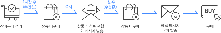 장바구니 추가, 상품 미구매, 상품 리스트 포함 1차 메시지 발송, 상품 미구매, 혜택 메시지 2차 발송, 구매