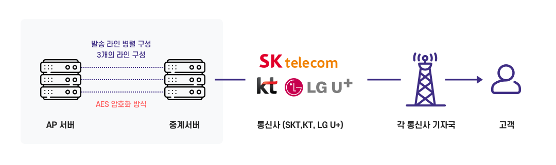 AP 서버, 중계서버, 통신사(SKT, KT, LG U+), 각 통신사 기지국, 고객